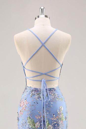Sparkly Lilac Floral Mermaid Long Backless Prom Dress with Beading
