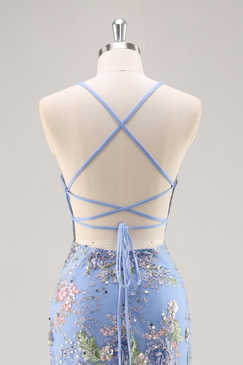 Load image into Gallery viewer, Sparkly Lilac Floral Mermaid Long Backless Prom Dress with Beading