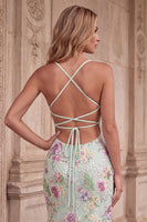 Load image into Gallery viewer, Sparkly Blue Floral Mermaid Long Prom Dress with Beading