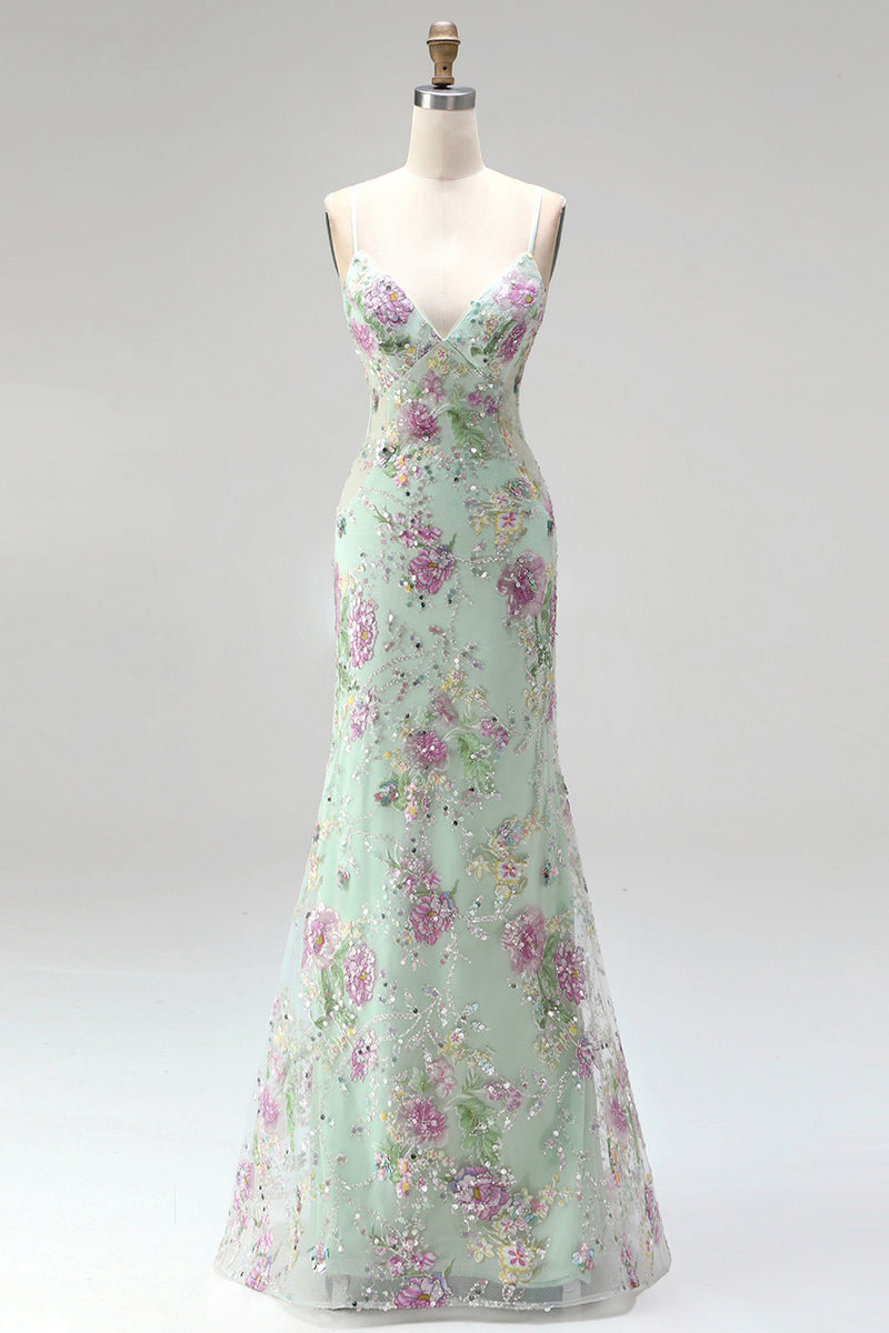 Load image into Gallery viewer, Sparkly Lilac Floral Mermaid Long Backless Prom Dress with Beading