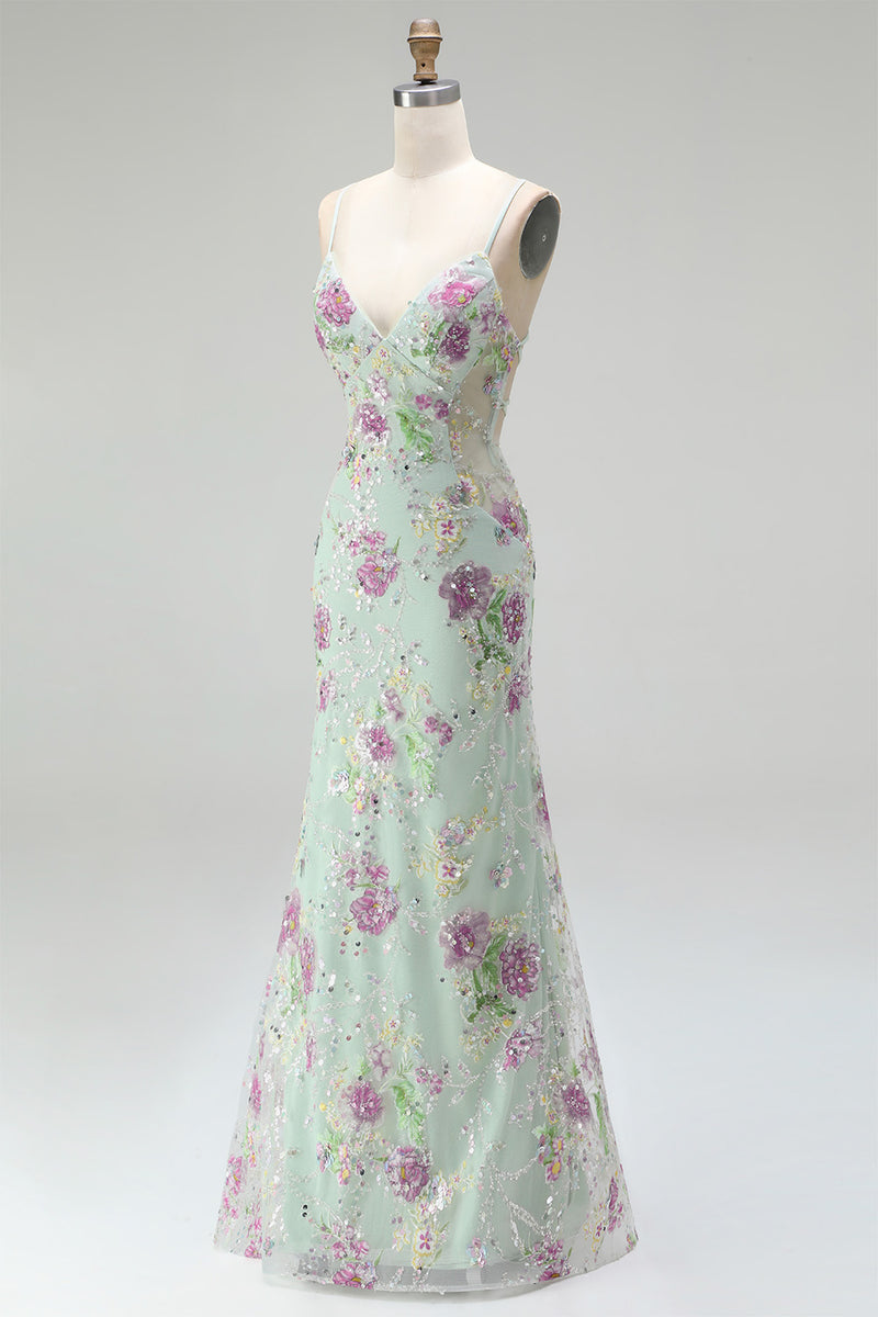 Load image into Gallery viewer, Sparkly Lilac Floral Mermaid Long Backless Prom Dress with Beading