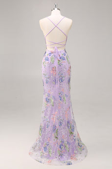 Sparkly Lilac Floral Mermaid Long Backless Prom Dress with Beading