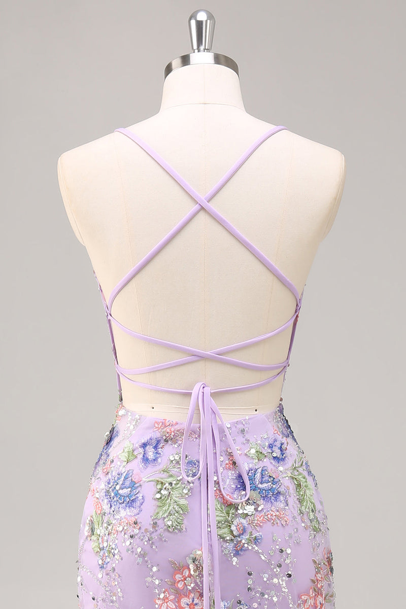 Load image into Gallery viewer, Sparkly Lilac Floral Mermaid Long Backless Prom Dress with Beading