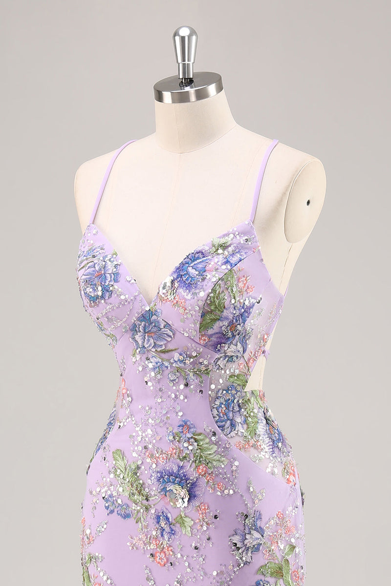 Load image into Gallery viewer, Sparkly Lilac Floral Mermaid Long Backless Prom Dress with Beading