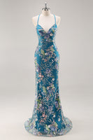 Load image into Gallery viewer, Sparkly Blue Floral Mermaid Long Prom Dress with Beading