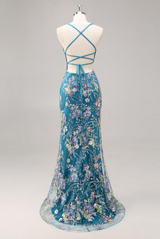 Sparkly Peacock Floral Mermaid Long Prom Beaded Dress with Sequins