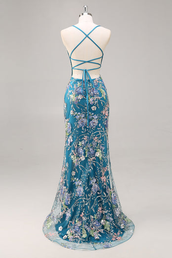 Sparkly Peacock Floral Mermaid Long Prom Beaded Dress with Sequins