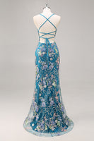 Load image into Gallery viewer, Sparkly Blue Floral Mermaid Long Prom Dress with Beading