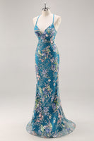 Load image into Gallery viewer, Sparkly Blue Floral Mermaid Long Prom Dress with Beading