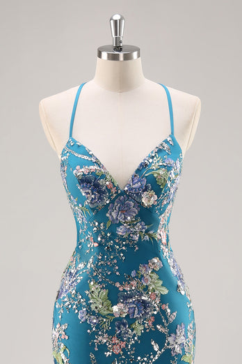 Sparkly Peacock Floral Mermaid Long Prom Beaded Dress with Sequins