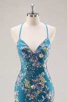 Load image into Gallery viewer, Sparkly Blue Floral Mermaid Long Prom Dress with Beading
