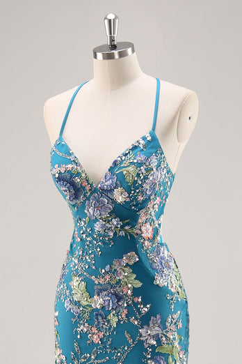 Sparkly Peacock Floral Mermaid Long Prom Beaded Dress with Sequins