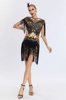 Load image into Gallery viewer, Queedancer Women Sparkly 1920s Flapper Dress with Fringes Boat Neck Black Golden Sequined Short Vintage Dress