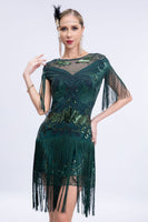 Load image into Gallery viewer, Queedancer Women Sparkly 1920s Flapper Dress with Fringes Boat Neck Dark Green Sequined Short Vintage Dress