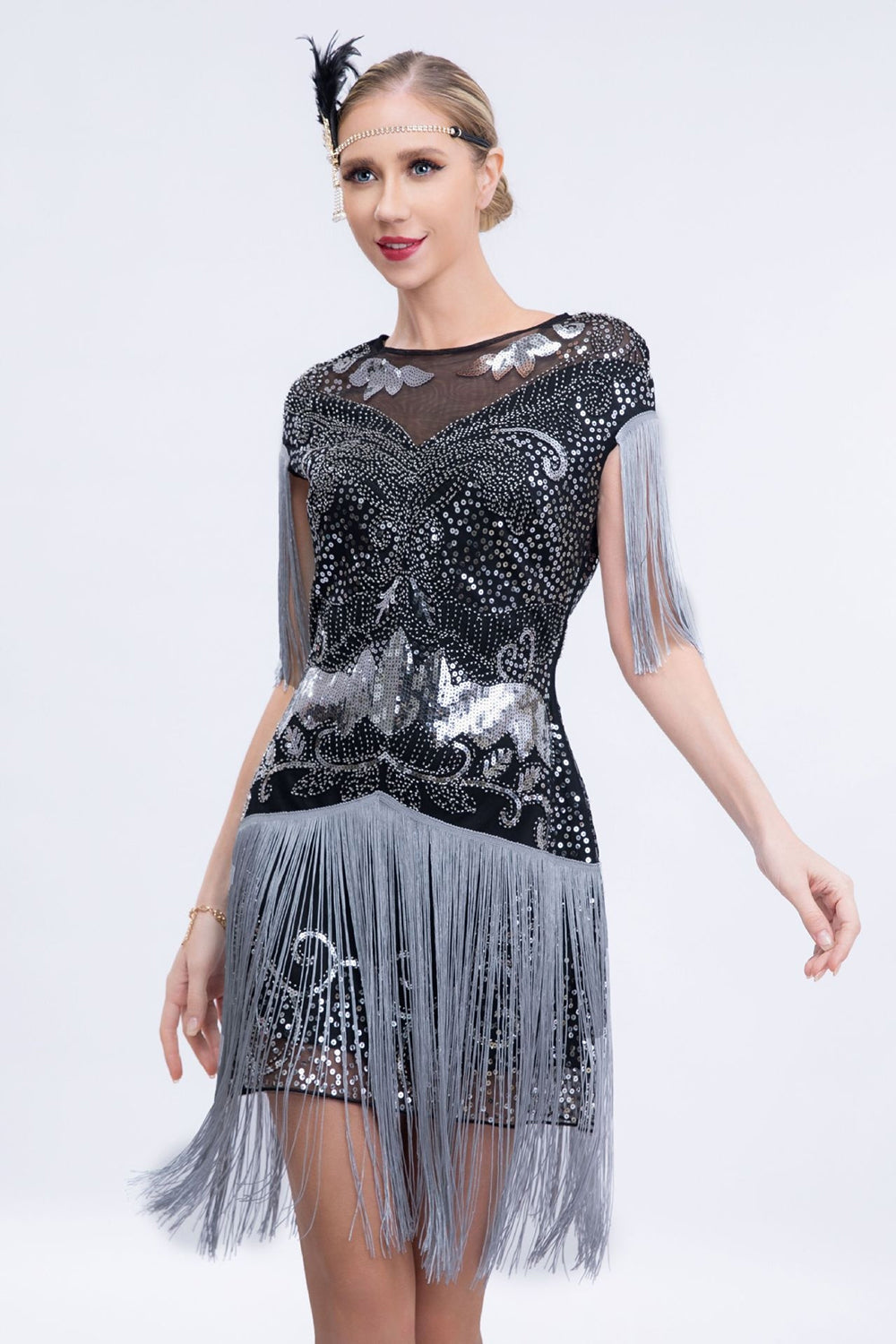 Queedancer Women Sparkly 1920s Flapper Dress with Fringes Boat Neck Grey Sequined Short Vintage Dress