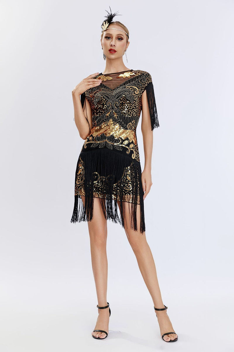 Load image into Gallery viewer, Round Neck Sparkly Grey Sequined Short 1920s Flapper Dress with Fringes