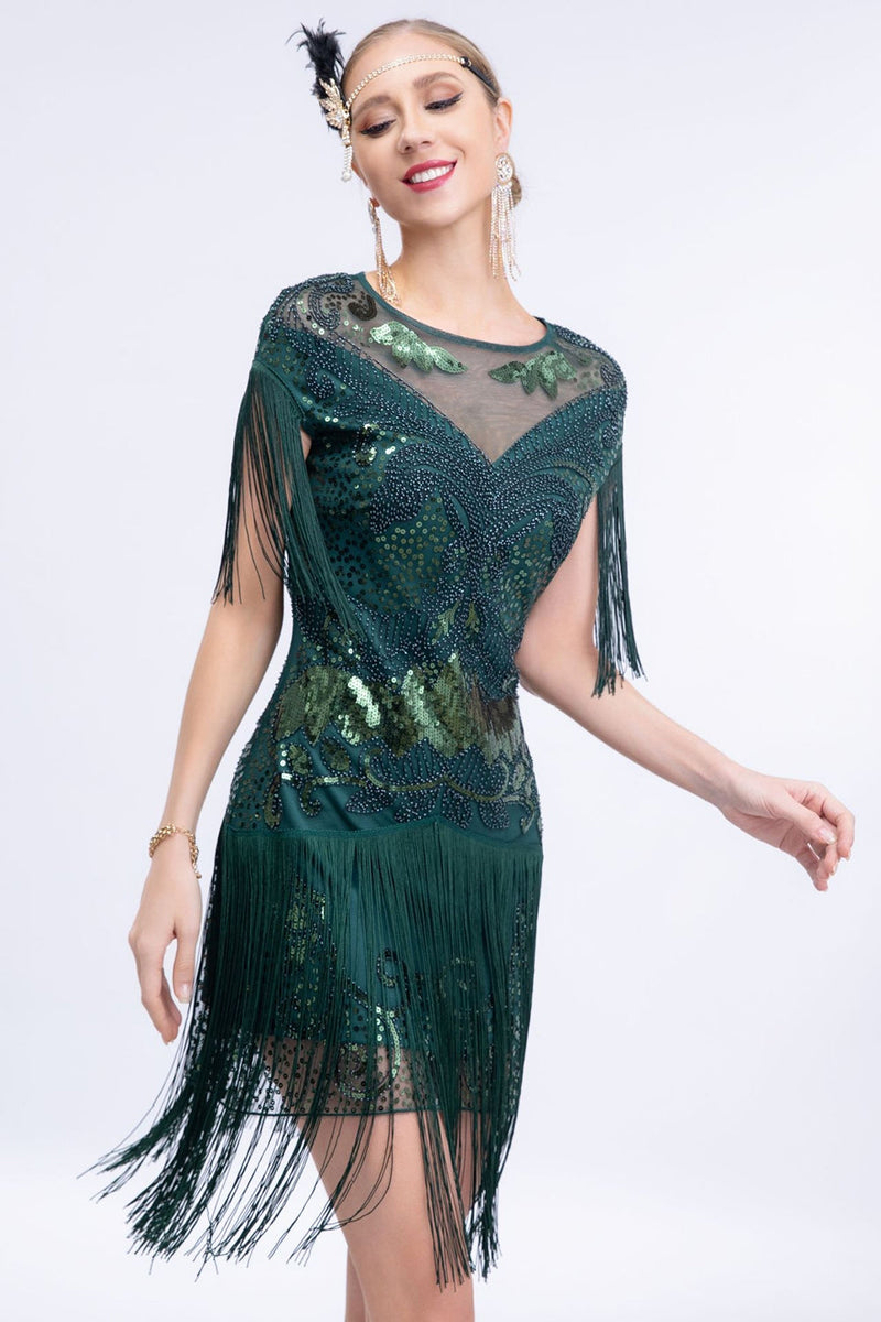 Load image into Gallery viewer, Round Neck Sparkly Grey Sequined Short 1920s Flapper Dress with Fringes