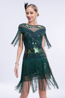 Load image into Gallery viewer, Round Neck Sparkly Grey Sequined Short 1920s Flapper Dress with Fringes