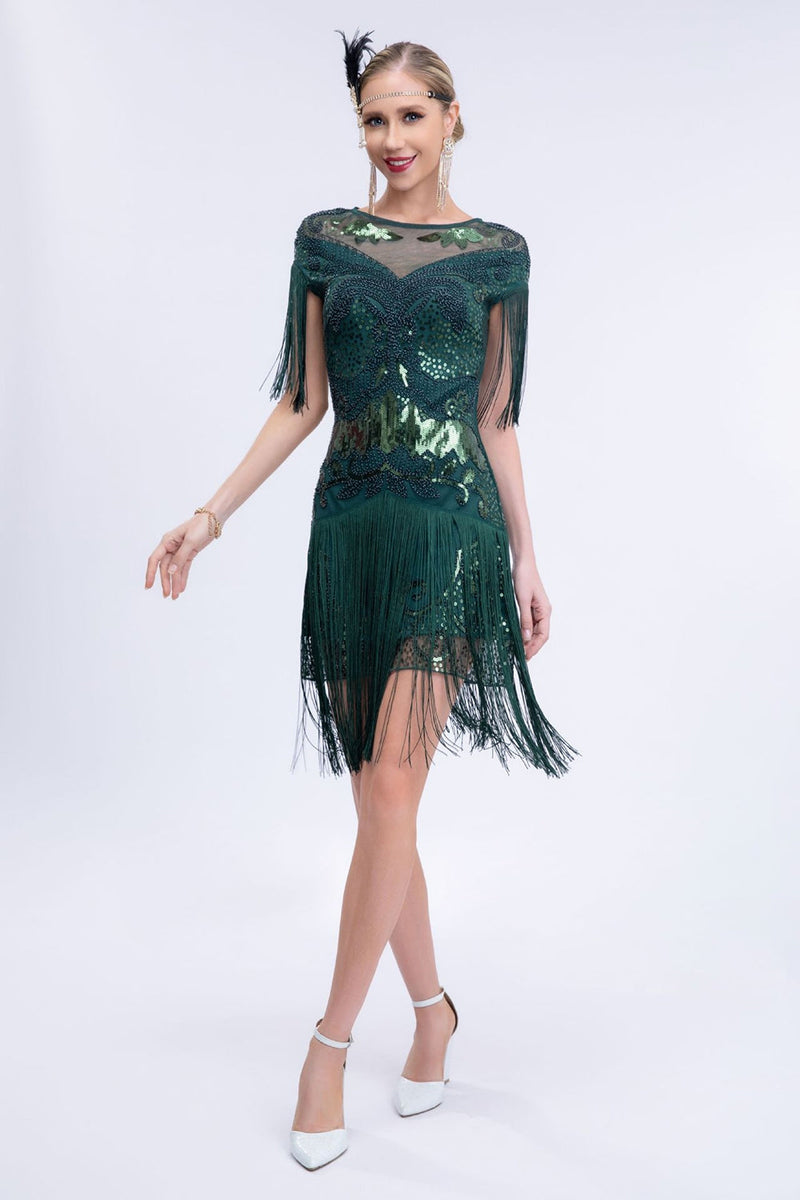 Load image into Gallery viewer, Round Neck Sparkly Grey Sequined Short 1920s Flapper Dress with Fringes