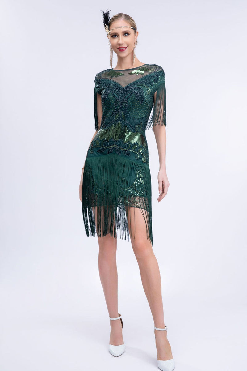Load image into Gallery viewer, Round Neck Sparkly Grey Sequined Short 1920s Flapper Dress with Fringes