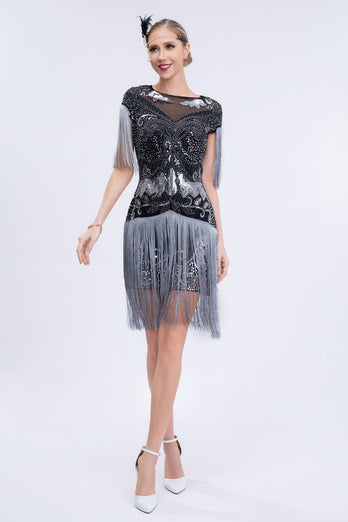 Round Neck Sparkly Grey Sequined Short 1920s Flapper Dress with Fringes