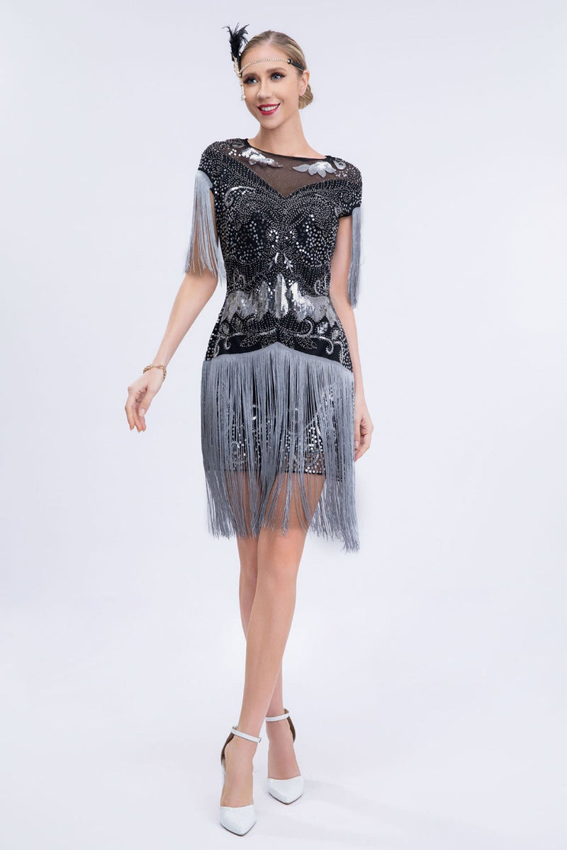 Load image into Gallery viewer, Round Neck Sparkly Grey Sequined Short 1920s Flapper Dress with Fringes