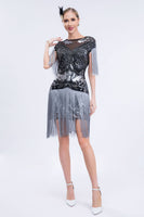 Load image into Gallery viewer, Round Neck Sparkly Grey Sequined Short 1920s Flapper Dress with Fringes