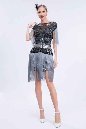 Round Neck Sparkly Grey Sequined Short 1920s Flapper Dress with Fringes
