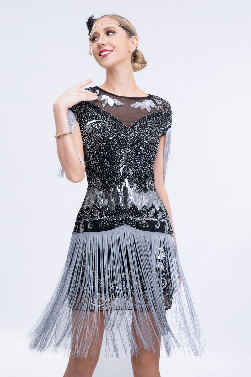 Load image into Gallery viewer, Round Neck Sparkly Grey Sequined Short 1920s Flapper Dress with Fringes