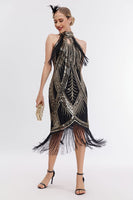 Load image into Gallery viewer, Champagne Neck Collar Fringe Halter 1920s Great Gatsby Dress with Sequins