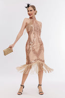 Load image into Gallery viewer, Champagne Neck Collar Fringe Halter 1920s Great Gatsby Dress with Sequins