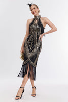 Load image into Gallery viewer, Champagne Neck Collar Fringe Halter 1920s Great Gatsby Dress with Sequins