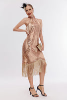 Load image into Gallery viewer, Champagne Neck Collar Fringe Halter 1920s Great Gatsby Dress with Sequins