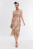 Load image into Gallery viewer, Champagne Neck Collar Fringe Halter 1920s Great Gatsby Dress with Sequins