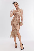 Load image into Gallery viewer, Champagne Neck Collar Fringe Halter 1920s Great Gatsby Dress with Sequins