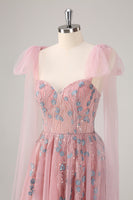 Load image into Gallery viewer, Pink Spaghetti Straps A-Line Tulle Long Prom Dress with Appliques
