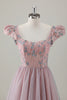 Load image into Gallery viewer, Grey Pink A-Line Square Beaded Long Prom Dress with Appliques