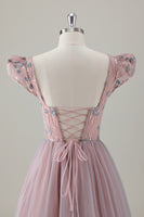 Load image into Gallery viewer, Grey Pink A-Line Square Beaded Long Prom Dress with Appliques