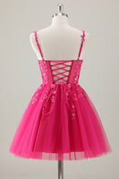 Load image into Gallery viewer, Fuchsia A-Line Spaghetti Straps Appliqued Homecoming Dress with Sequins