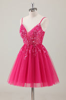 Load image into Gallery viewer, Fuchsia A-Line Spaghetti Straps Appliqued Homecoming Dress with Sequins
