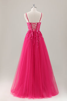Fuchsia Spaghetti Straps A-Line Tulle Long Prom Dress with Slit