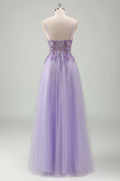 Load image into Gallery viewer, Purple Glittered Applique Spaghetti Straps Corset Prom Dress