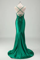 Load image into Gallery viewer, Green Mermaid V-Neck Spaghetti Straps Satin Applique Sweep Train Prom Dress with Ruffles
