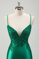 Load image into Gallery viewer, Green Mermaid V-Neck Spaghetti Straps Satin Applique Sweep Train Prom Dress with Ruffles