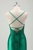 Load image into Gallery viewer, Green Mermaid V-Neck Spaghetti Straps Satin Applique Sweep Train Prom Dress with Ruffles