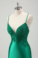 Load image into Gallery viewer, Green Mermaid V-Neck Spaghetti Straps Satin Applique Sweep Train Prom Dress with Ruffles