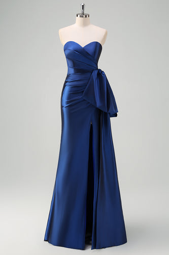 Dark Blue Strapless Bowknot Prom Dress with Slit