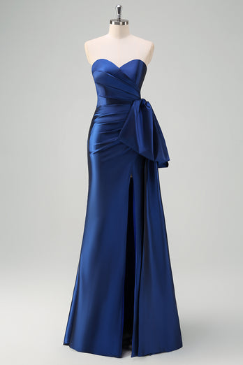 Dark Blue Strapless Bowknot Prom Dress with Slit