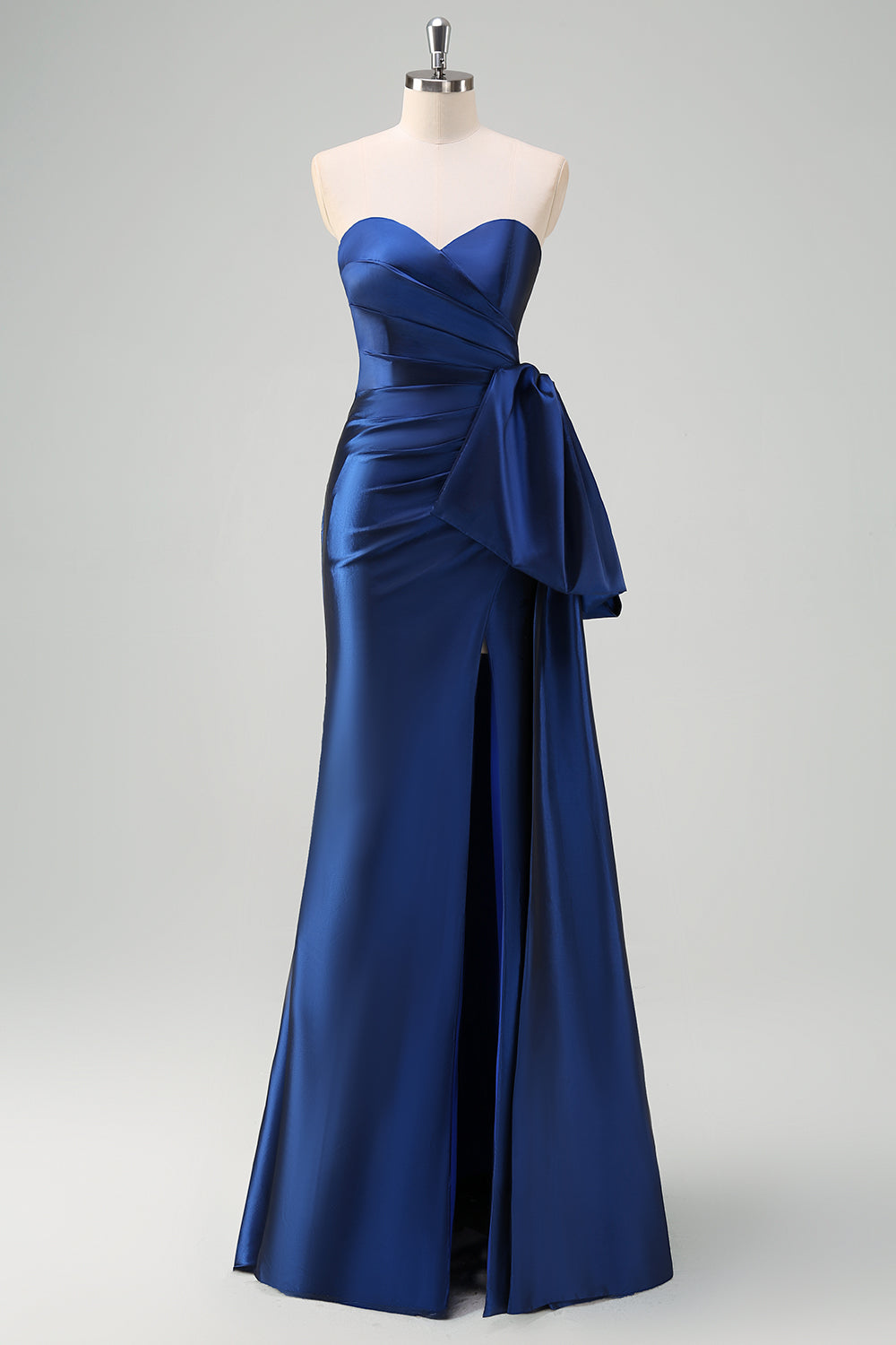 Dark Blue Strapless Bowknot Prom Dress with Slit