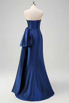 Dark Blue Strapless Bowknot Prom Dress with Slit